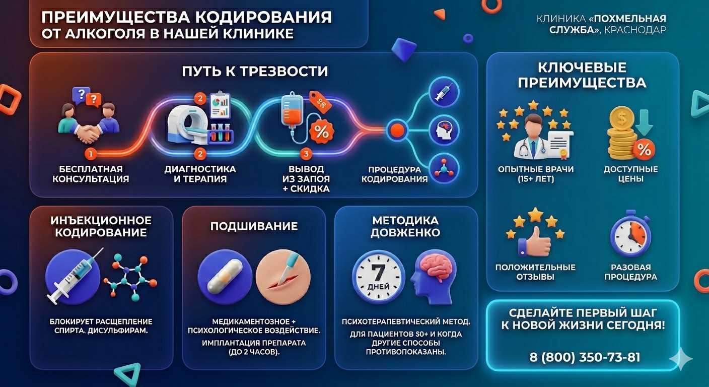 Инфографика о методах кодирования от алкоголя в Ордынском: инъекции, подшивание, метод Довженко. Преимущества клиники и этапы лечения.