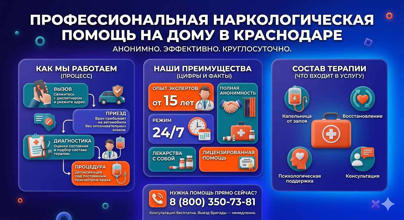 Инфографика о принципах лечения алкоголизма на дому в Ордынском: этапы вызова нарколога, преимущества анонимной детоксикации и состав медицинской помощи.